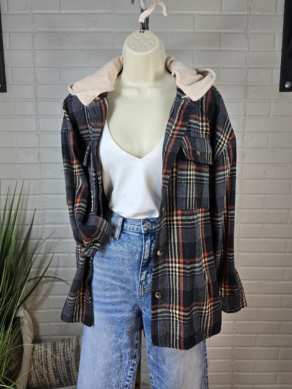 Bibi Plaid Button Up Flannel Shacket with Hooded Oversized Small Black & Red
